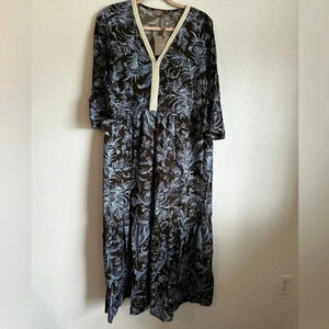 SAIPH Santorini Floral Maxi Dress Size L Blue White Cotton Italy Relaxed Coastal